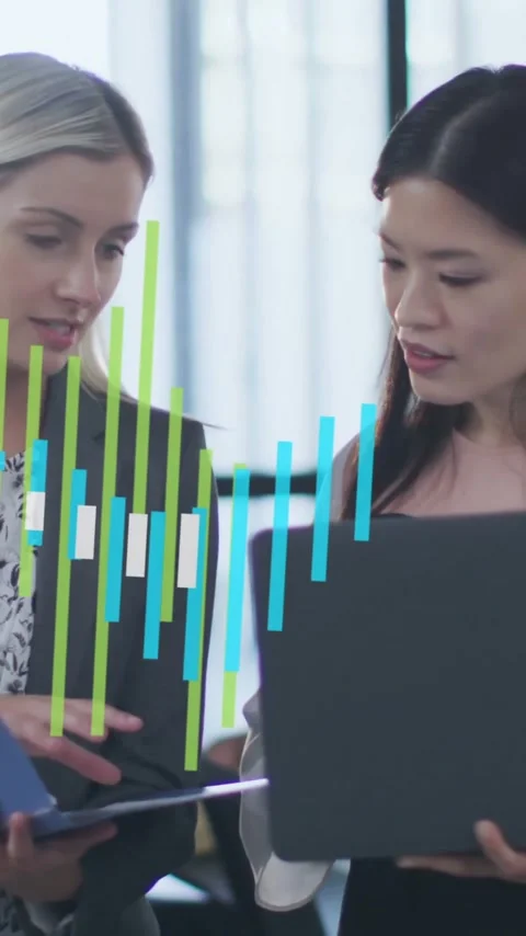 Animation of financial data processing over diverse business people in office Stock Footage 343504755