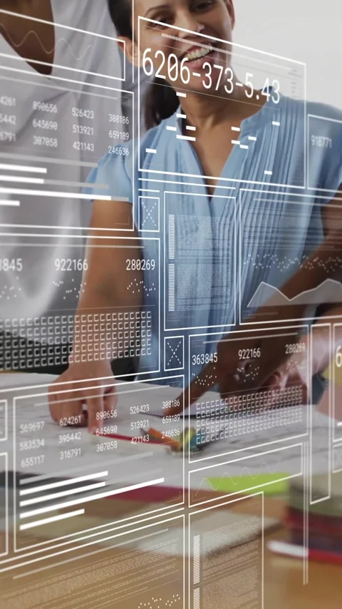 Animation of financial data processing over diverse business people in office Stock Footage 343548134