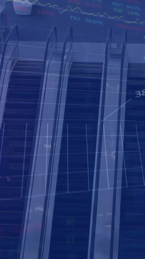 Animation of financial data processing over escalators in modern office Stock Footage 343614749
