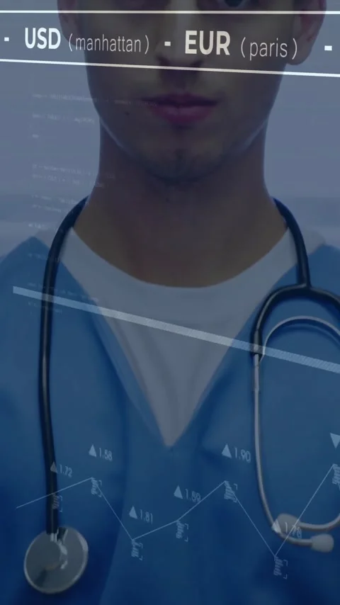 Animation of financial data processing over male doctor in hospital Stock Footage 343614843