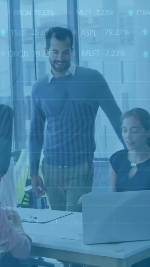 Animation of financial data processing over diverse business people in office Stock Footage 343615772