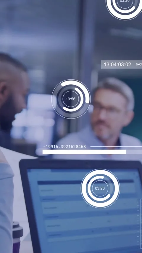 Animation of financial data processing over diverse business people in office Stock Footage 343615792