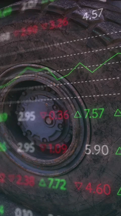 Animation of financial data processing over truck wheel Stock Footage 343640858