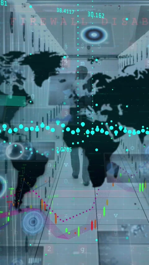Animation of financial data processing over world map against empty computer Stock Footage 343682392