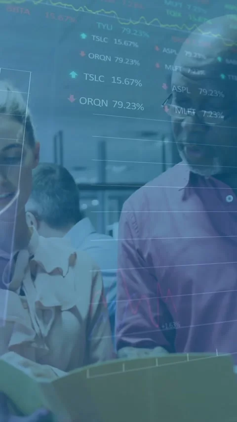 Animation of financial data processing over diverse colleagues discussing work Stock Footage 343720782