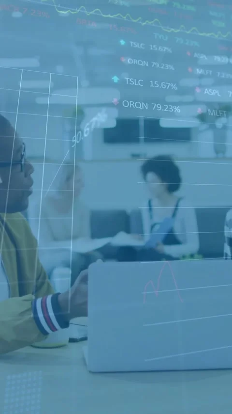 Animation of financial data processing over diverse colleagues discussing work Stock Footage 343720783