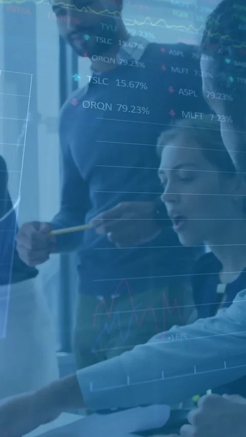 Animation of financial data processing over diverse colleagues discussing work Stock Footage 343720811
