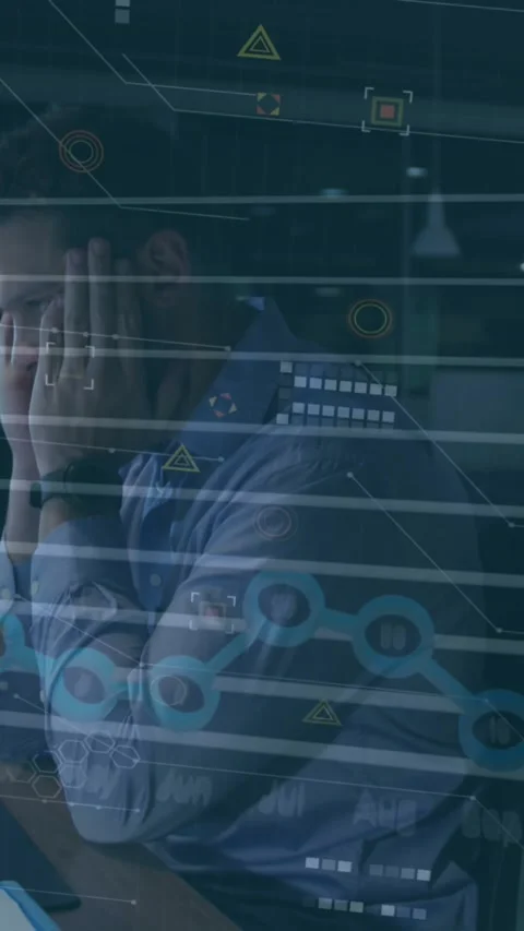 Animation of financial data processing over caucasian businessman using computer Stock Footage 343721116