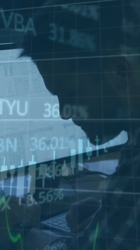 Animation of financial data processing over businessman using computer Stock Footage 343721151