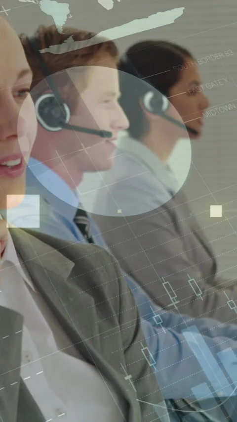 Animation of financial data processing over diverse business people using phone Stock Footage 343738642