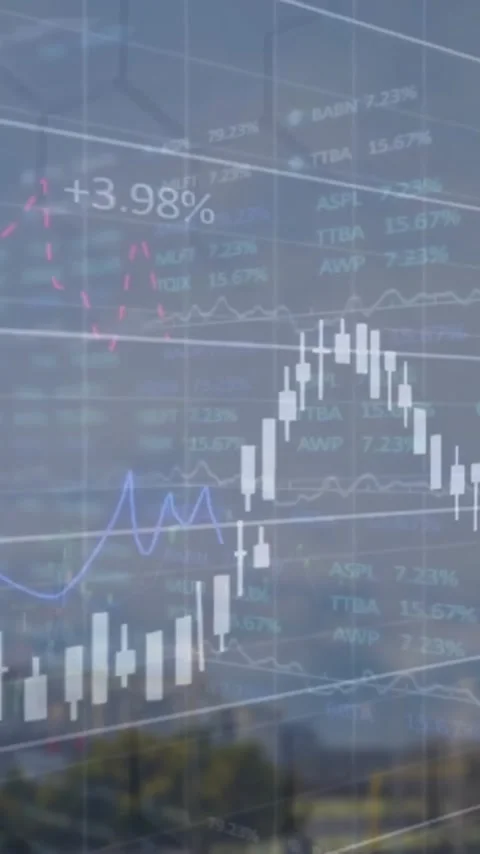 Animation of financial data processing over cityscape Stock Footage 343779984
