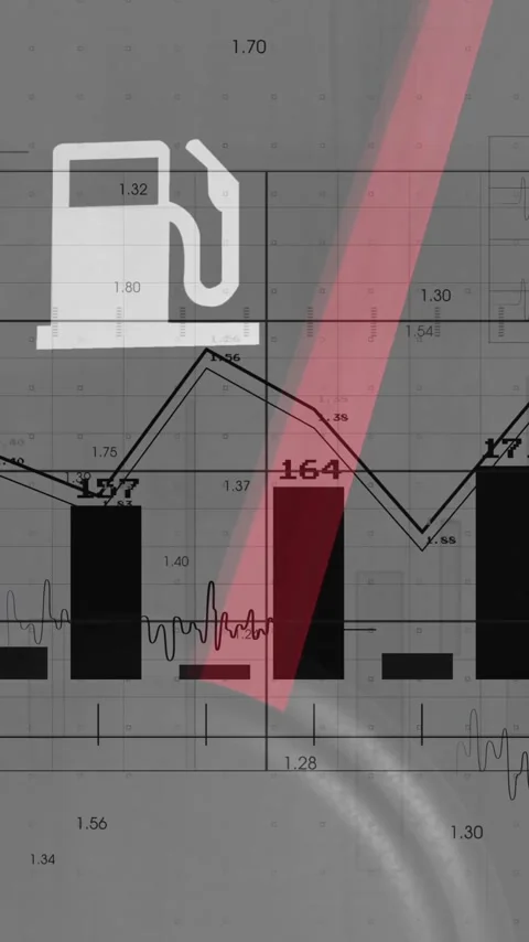 Animation of financial data processing over petrol gauge Stock Footage 343780103