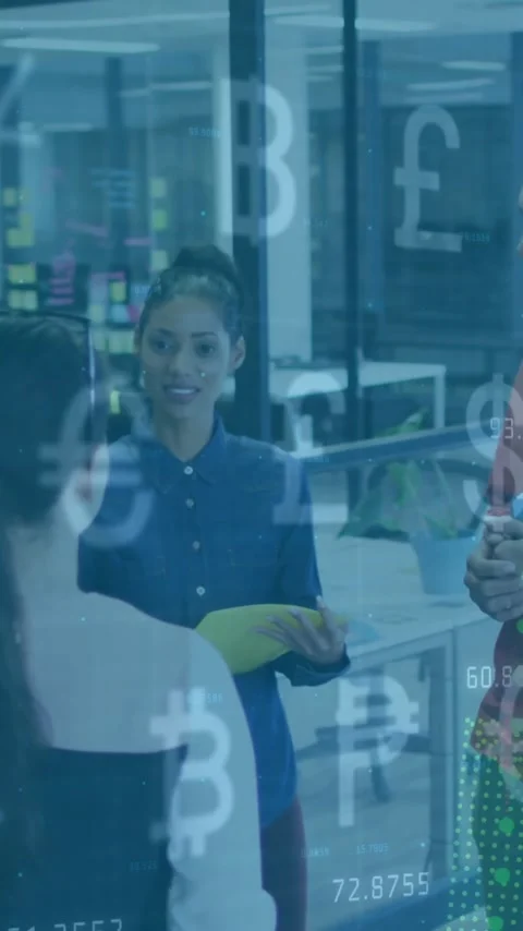 Animation of financial data processing over diverse colleagues having meeting in Vídeo Stock 343827817