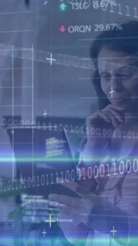 Animation of financial data processing over businesswoman with tablet in office Stock Footage 343829109