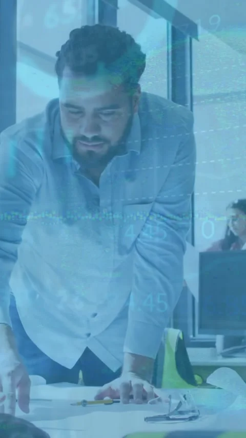 Animation of financial data processing over diverse architects having meeting in Stock Footage 343887385