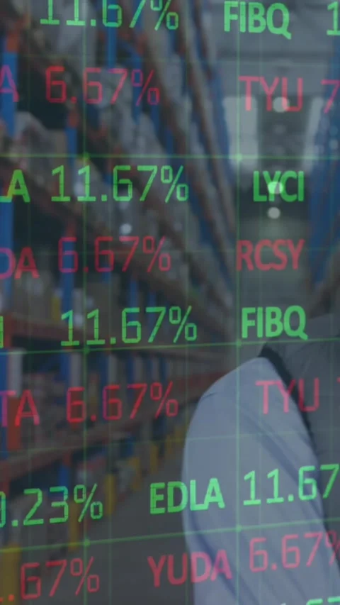 Animation of financial data processing over man and woman working in warehouse Stock Footage 343887690