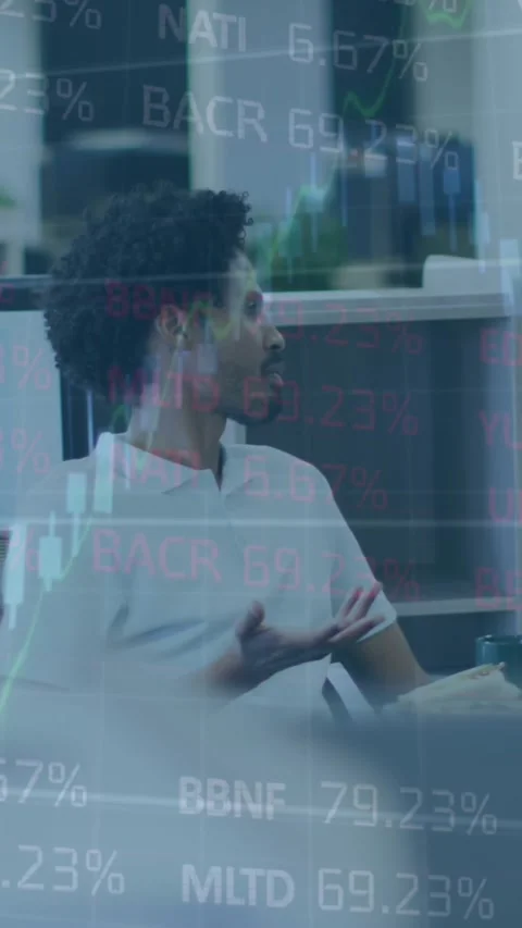 Animation of financial data processing over diverse business people in office Видео 343888002