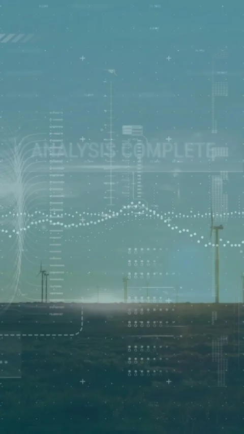 Animation of financial data processing over wind turbines Stock Footage 343888223