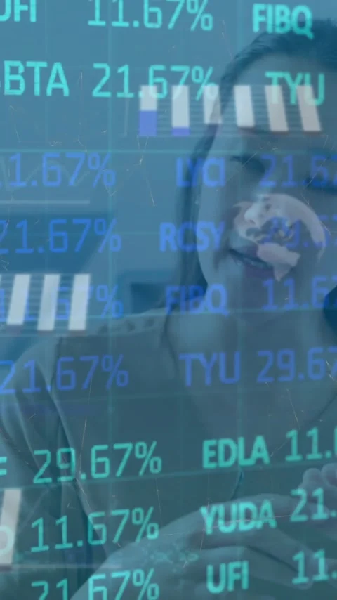 Animation of financial data processing over diverse business people in office Stock Footage 343888242