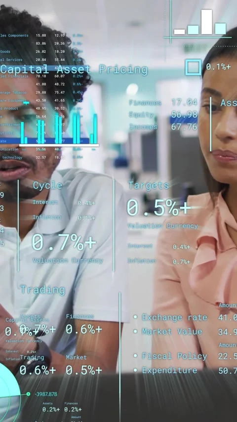 Animation of financial data processing over diverse business people in office Stock Footage 343888287
