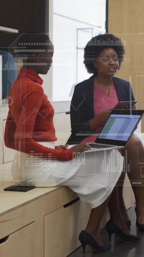 Animation of financial data processing over diverse colleagues discussing work Stock Footage 343901905