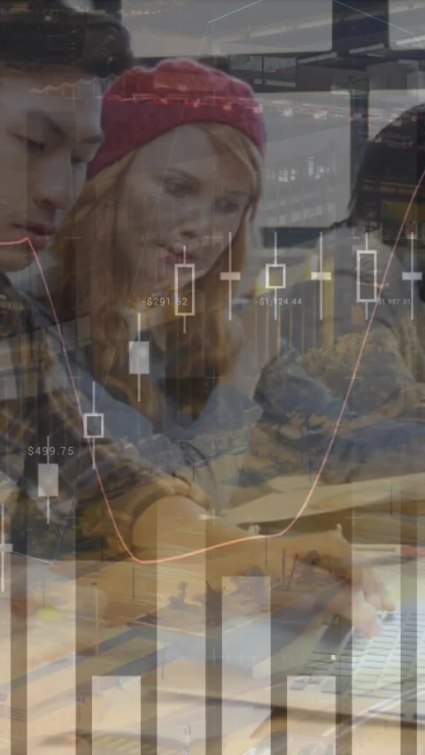Animation of financial data processing over diverse business people using laptop Stock Footage 343919255