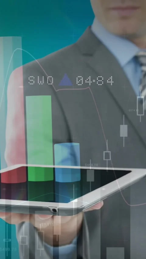 Animation of financial data processing over businessman using tablet Vidéo 343919963