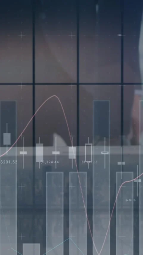 Animation of financial data processing over business people using escalator in Stock Footage 343954888