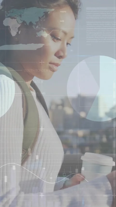 Animation of financial data processing over woman with smartphone on the go Stock Footage 343996734