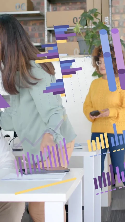 Animation of financial data processing over diverse business people in office Stock Footage 343996753