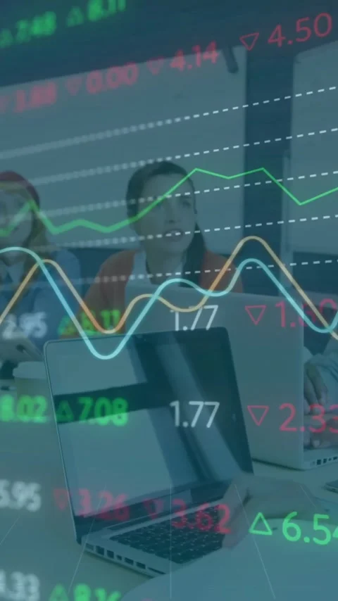 Animation of financial data processing over diverse business people in office Stock Footage 343996803