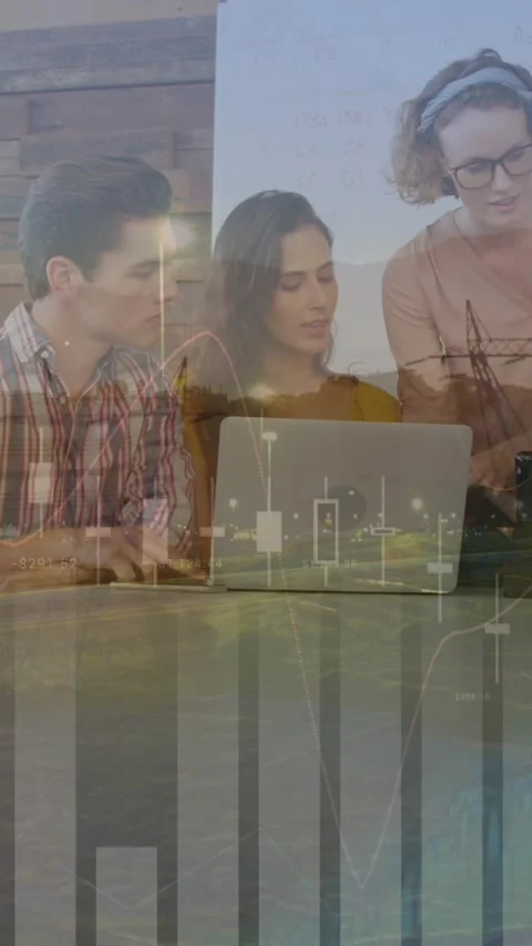 Animation of financial data processing over diverse business people using Stock Footage 344011659