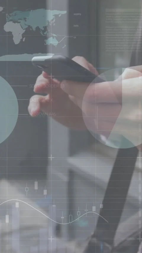 Animation of financial data processing over caucasian man with smartphone on the Stock Footage 344012101