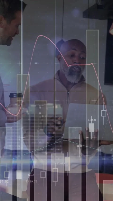 Animation of financial data processing over diverse business people in office Stock Footage 344012140