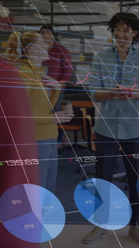 Animation of financial data processing over diverse business people in office Stock Footage 344012141