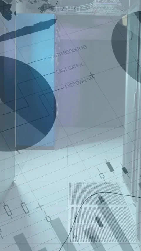 Animation of financial data processing over server room Stock Footage 344243943