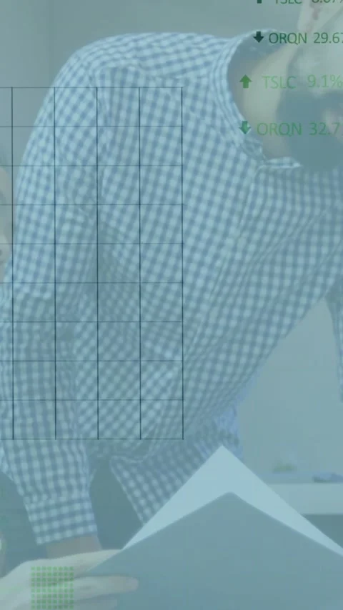 Animation of financial data processing over diverse colleagues discussing work Stock Footage 344244249
