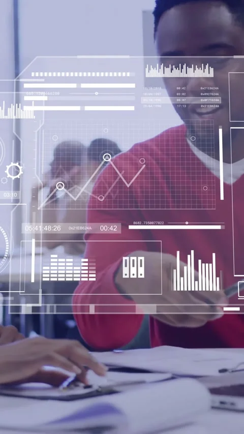 Animation of financial data processing over diverse business people in office Stock Footage 344284505
