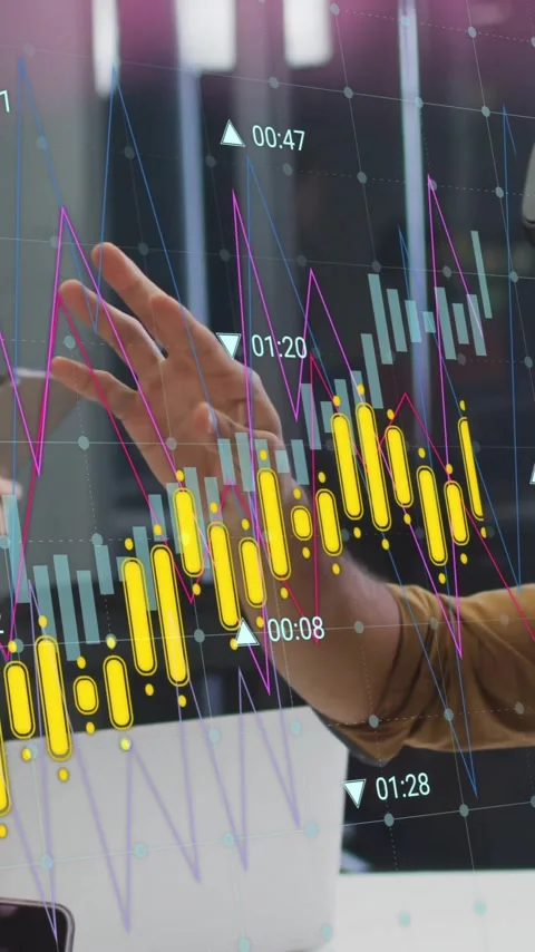 Animation of financial data processing over diverse businesspeople in office Stock Footage 344284624