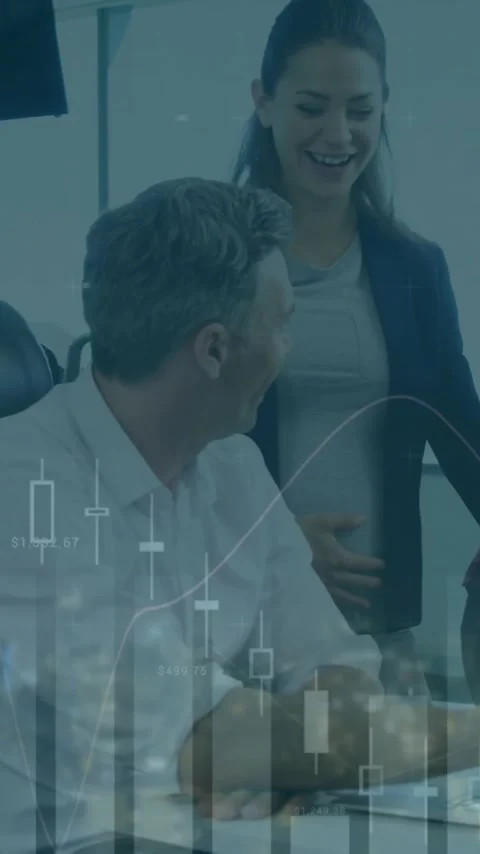 Animation of financial data processing over diverse colleagues having meeting in Stock Footage 344284659