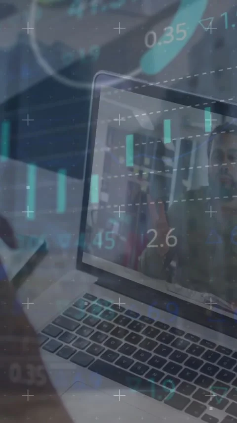 Animation of financial data processing over businesswoman using laptop in office Stock Footage 344370257