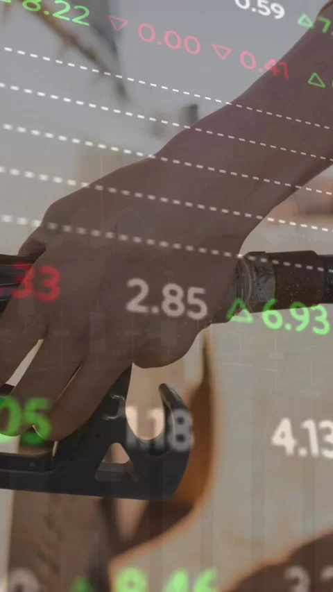 Animation of financial data processing over caucasian woman fueling car at gas Stock Footage 344402530