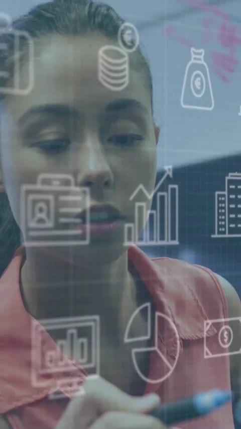 Animation of financial data processing over business people using phone headsets Stock Footage 344403114