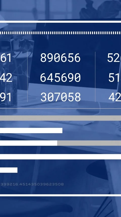 Animation of financial data processing over computers on desks in office and Stock Footage 344403513