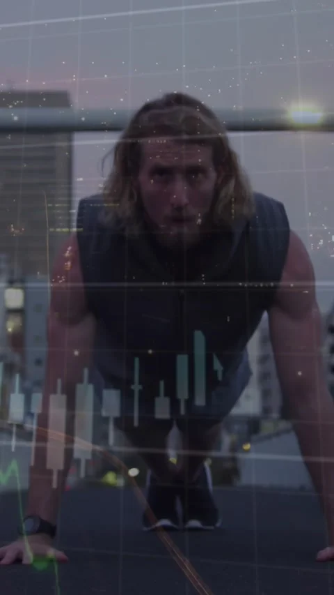 Animation of financial data processing over caucasian man doing push ups in city Stock Footage 344557865