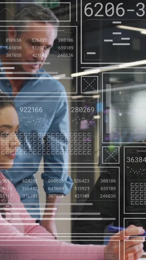 Animation of financial data processing over diverse colleagues discussing work Stock Footage 344557885
