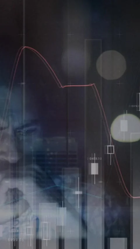 Animation of financial data processing over tired man using computer Stock Footage 344595024
