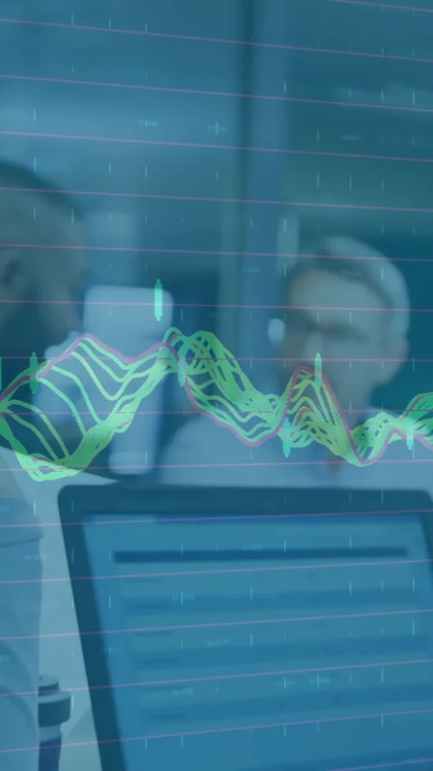 Animation of financial data processing over diverse colleagues discussing work Stock Footage 344595851