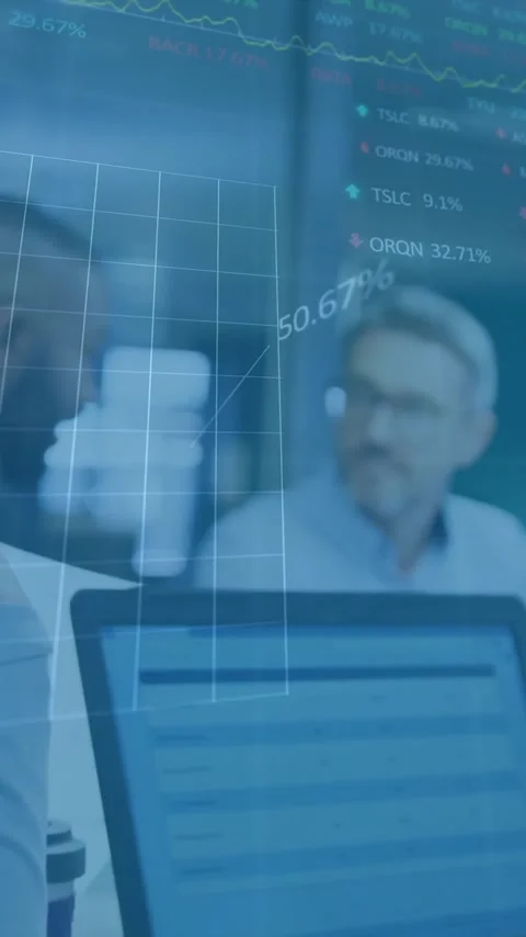 Animation of financial data processing over diverse colleagues discussing work Stock Footage 344595854
