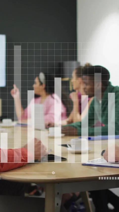 Animation of financial data processing over diverse colleagues discussing work Stock Footage 344595890